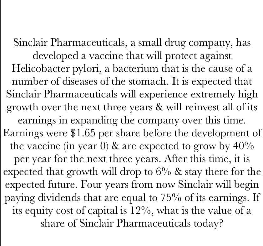 Sinclair Pharmaceuticals, a small drug company, has
developed a vaccine that will protect against
Helicobacter pylori, a bacterium that is the cause of a
number of diseases of the stomach. It is expected that
Sinclair Pharmaceuticals will experience extremely high
growth over the next three years & will reinvest all of its
earnings in expanding the company over this time.
Earnings were $1.65 per share before the development of
the vaccine (in year 0) & are expected to grow by 40%
per year for the next three years. After this time, it is
expected that growth will drop to 6% & stay there for the
expected future. Four years from now Sinclair will begin
paying dividends that are equal to 75% of its earnings. If
its equity cost of capital is 12%, what is the value of a
share of Sinclair Pharmaceuticals today?