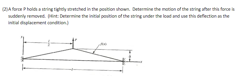 (2) A force P holds a string tightly stretched in the position shown. Determine the motion of the string after this force is
suddenly removed. (Hint: Determine the initial position of the string under the load and use this deflection as the
initial displacement condition.)
f(x)
1+