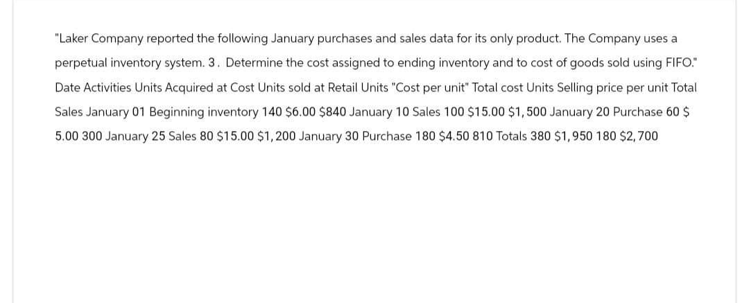 "Laker Company reported the following January purchases and sales data for its only product. The Company uses a
perpetual inventory system. 3. Determine the cost assigned to ending inventory and to cost of goods sold using FIFO."
Date Activities Units Acquired at Cost Units sold at Retail Units "Cost per unit" Total cost Units Selling price per unit Total
Sales January 01 Beginning inventory 140 $6.00 $840 January 10 Sales 100 $15.00 $1,500 January 20 Purchase 60 $
5.00 300 January 25 Sales 80 $15.00 $1,200 January 30 Purchase 180 $4.50 810 Totals 380 $1,950 180 $2,700