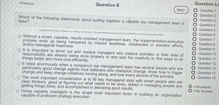 < Previous
Question 8
Next>
Which of the following statements about putting together a capable top management team is
false?
Copyright by Globus Sotere, ine Copying abuting or 3rd party webshe posting pressly prohibited and contes copyright vielation
O Without a smart, capable, results-oriented management team, the implementation-execution
process ends up being hampered by missed deadlines, misdirected or wasteful efforts,
and/or managerial ineptness.
O It is important to ferret out and replace managers who believe activities in their area of
responsibility are already being done properly or who lack the creativity to find ways to do
things better and more cost-efficiently.
O It helps enormously when a company's top management team has several people who are
particularly good change agents-true believers who champion change, know how to trigger
change and keep change initiatives moving along, and love every second of the process.
O The most important consideration is to fill key managerial slots with smart people who are
clear thinkers, good at figuring out what needs to be done, skilled in managing people and
getting things done, and accomplished in delivering good results.
O Hiring capable managers is the single most important factor in building an organization
capable of proficient strategy execution.
Question Li
O Question 1
Question 2
Question 3
O Question 4
Question 5
Question 6
Question 7
Question 8
Question 9
Question 10
Question 11
Question 12
Question 13
O
O Question 14
O Question 15
000000000000000
C=Answered
O = No Answer