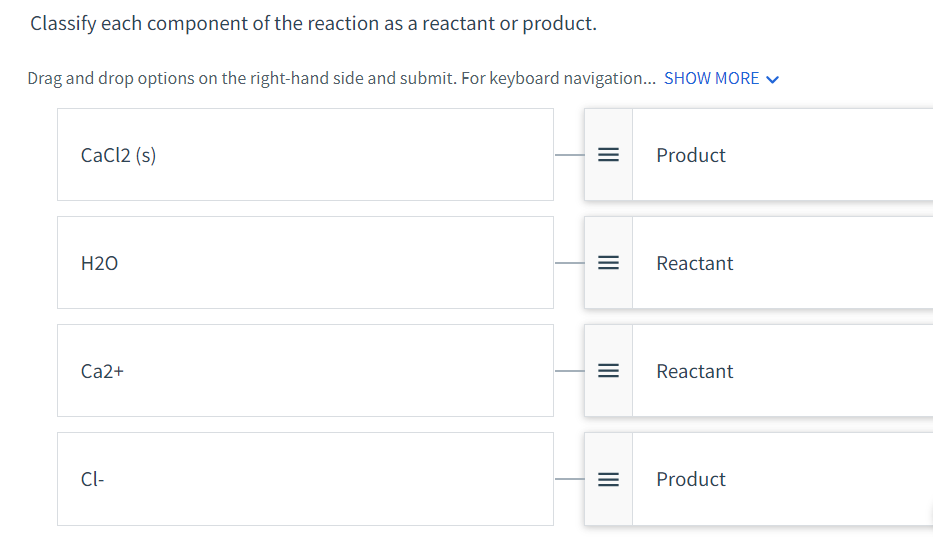 Classify each component of the reaction as a reactant or product.
Drag and drop options on the right-hand side and submit. For keyboard navigation... SHOW MORE
CaCl2 (s)
H20
=
Product
Reactant
Ca2+
= Reactant
Cl-
Product