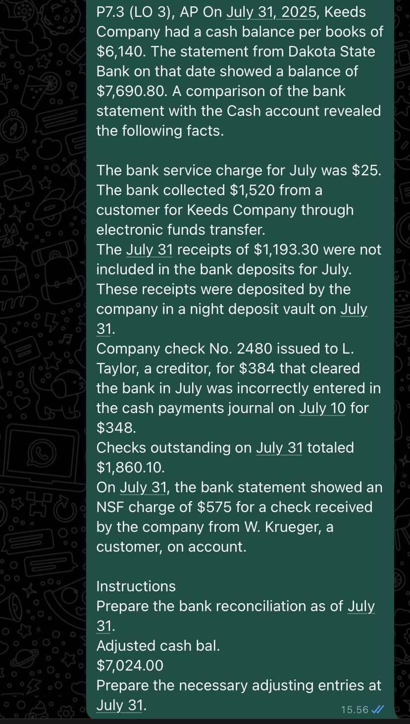 www
O
0
P7.3 (LO 3), AP On July 31, 2025, Keeds
Company had a cash balance per books of
$6,140. The statement from Dakota State
Bank on that date showed a balance of
$7,690.80. A comparison of the bank
statement with the Cash account revealed
the following facts.
The bank service charge for July was $25.
The bank collected $1,520 from a
customer for Keeds Company through
electronic funds transfer.
The July 31 receipts of $1,193.30 were not
included in the bank deposits for July.
These receipts were deposited by the
company in a night deposit vault on July
31.
Company check No. 2480 issued to L.
Taylor, a creditor, for $384 that cleared
the bank in July was incorrectly entered in
the cash payments journal on July 10 for
$348.
Checks outstanding on July 31 totaled
$1,860.10.
On July 31, the bank statement showed an
NSF charge of $575 for a check received
by the company from W. Krueger, a
customer, on account.
Instructions
Prepare the bank reconciliation as of July
31.
Adjusted cash bal.
$7,024.00
Prepare the necessary adjusting entries at
July 31.
15.56