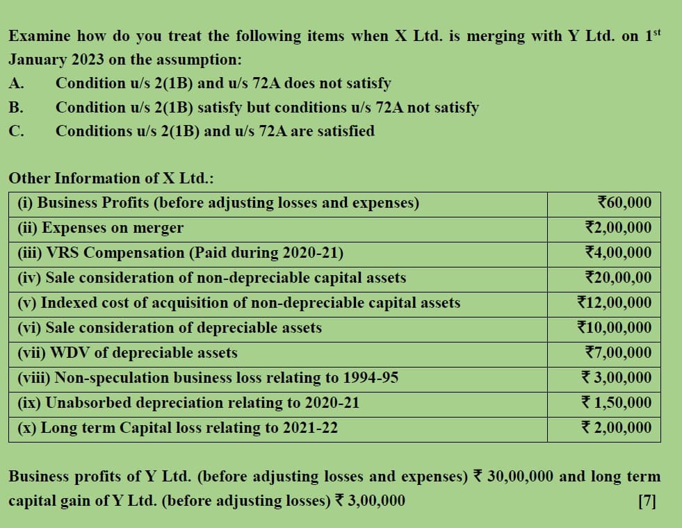 Examine how do you treat the following items when X Ltd. is merging with Y Ltd. on 1st
January 2023 on the assumption:
A.
Condition u/s 2(1B) and u/s 72A does not satisfy
B. Condition u/s 2(1B) satisfy but conditions u/s 72A not satisfy
C. Conditions u/s 2(1B) and u/s 72A are satisfied
Other Information of X Ltd.:
(i) Business Profits (before adjusting losses and expenses)
*60,000
(ii) Expenses on merger
*2,00,000
(iii) VRS Compensation (Paid during 2020-21)
*4,00,000
(iv) Sale consideration of non-depreciable capital assets
*20,00,00
(v) Indexed cost of acquisition of non-depreciable capital assets
*12,00,000
(vi) Sale consideration of depreciable assets
*10,00,000
(vii) WDV of depreciable assets
*7,00,000
(viii) Non-speculation business loss relating to 1994-95
*3,00,000
(ix) Unabsorbed depreciation relating to 2020-21
1,50,000
(x) Long term Capital loss relating to 2021-22
*2,00,000
Business profits of Y Ltd. (before adjusting losses and expenses) ₹30,00,000 and long term
capital gain of Y Ltd. (before adjusting losses) ₹3,00,000
[7]