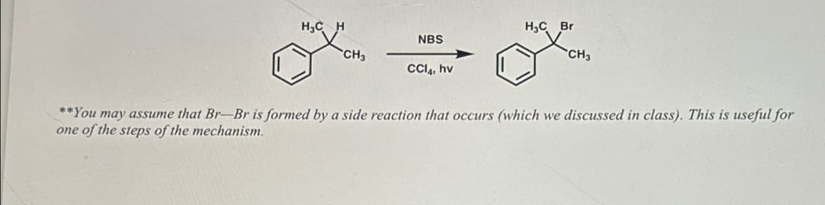 H₂C H
H₁C Br
NBS
CH,
CH₂
CC, hv
**You may assume that Br-Br is formed by a side reaction that occurs (which we discussed in class). This is useful for
one of the steps of the mechanism.
