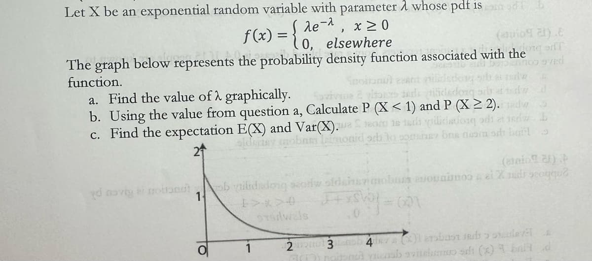 Let X be an exponential random variable with parameter 1 whose pdf isb
X ≥ 0
λe-2,
f(x) = {0, elsewhere
(auio).
The graph below represents the probability density function associated with the
function.
a. Find the value of λ graphically.
ل.
D
b. Using the value from question a, Calculate P (X < 1) and P (X≥ 2).
c. Find the expectation E(X) and Var(X) team istedi vilicisto odi at and b
aldensy mobam Laimonid och to sobre a od bord s
yd as via mont
1-
(asain)
obilidadong seorw.sidentsy mobum anounimo ai X di sogqu?
O
STS/wals
1
2mond 34()
bat
Good vicaab vildum sdt (x) brid