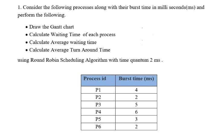 1. Consider the following processes along with their burst time in milli seconds(ms) and
perform the following.
• Draw the Gantt chart
• Calculate Waiting Time of each process
• Calculate Average waiting time
• Calculate Average Turn Around Time
using Round Robin Scheduling Algorithm with time quantum 2 ms .
Process id
Burst time (ms)
P1
4
P2
2
P3
5
P4
P5
3
P6
2
