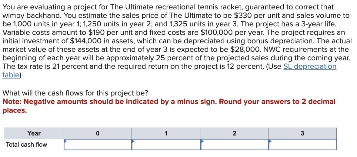 You are evaluating a project for The Ultimate recreational tennis racket, guaranteed to correct that
wimpy backhand. You estimate the sales price of The Ultimate to be $330 per unit and sales volume to
be 1,000 units in year 1; 1,250 units in year 2; and 1,325 units in year 3. The project has a 3-year life.
Variable costs amount to $190 per unit and fixed costs are $100,000 per year. The project requires an
initial investment of $144,000 in assets, which can be depreciated using bonus depreciation. The actual
market value of these assets at the end of year 3 is expected to be $28,000. NWC requirements at the
beginning of each year will be approximately 25 percent of the projected sales during the coming year.
The tax rate is 21 percent and the required return on the project is 12 percent. (Use SL depreciation
table)
What will the cash flows for this project be?
Note: Negative amounts should be indicated by a minus sign. Round your answers to 2 decimal
places.
Year
0
Total cash flow
1
2
3
