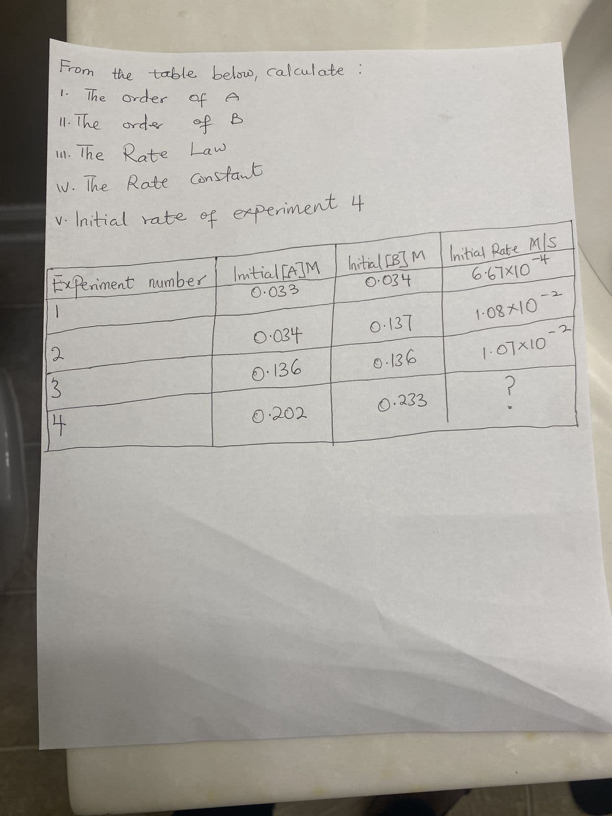 From the table below, calculate :
1.
The order of A
11. The order
of B
111. The Rate Law
1. The Rate Constant
v. Initial rate of experiment 4
Experiment number
Initial [A]M
-
1
0.033
Initial [B]M Initial Rate M/S
0.034
-4
6.67×10
-2
2
3
0.034
0.137
1.08×10
-2
0.136
0.136
1.07×10
4
0.202
0.233
?