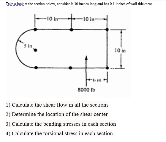 Take a look at the section below, consider is 30 inches long and has 0.1 inches of wall thickness.
5 in
-10 in
-10 in-
8000 lb
10 in
1) Calculate the shear flow in all the sections
2) Determine the location of the shear center
3) Calculate the bending stresses in each section
4) Calculate the torsional stress in each section