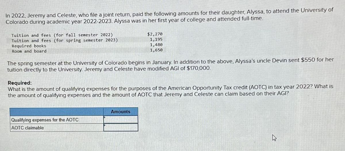 In 2022, Jeremy and Celeste, who file a joint return, paid the following amounts for their daughter, Alyssa, to attend the University of
Colorado during academic year 2022-2023. Alyssa was in her first year of college and attended full-time.
Tuition and fees (for fall semester 2022)
Tuition and fees (for spring semester 2023)
Required books
Room and board
$2,270
1,195
1,480
1,650
The spring semester at the University of Colorado begins in January. In addition to the above, Alyssa's uncle Devin sent $550 for her
tuition directly to the University. Jeremy and Celeste have modified AGI of $170,000.
Required:
What is the amount of qualifying expenses for the purposes of the American Opportunity Tax credit (AOTC) in tax year 2022? What is
the amount of qualifying expenses and the amount of AOTC that Jeremy and Celeste can claim based on their AGI?
Qualifying expenses for the AOTC
AOTC claimable
Amounts