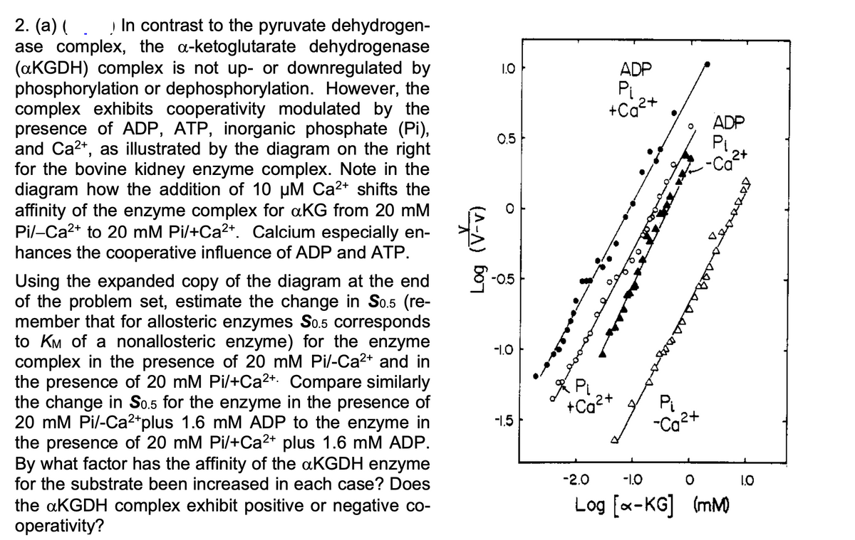 2. (a) ( In contrast to the pyruvate dehydrogen-
ase complex, the a-ketoglutarate dehydrogenase
(aKGDH) complex is not up- or downregulated by
phosphorylation or dephosphorylation. However, the
complex exhibits cooperativity modulated by the
presence of ADP, ATP, inorganic phosphate (Pi),
and Ca2+, as illustrated by the diagram on the right
for the bovine kidney enzyme complex. Note in the
diagram how the addition of 10 μM Ca2+ shifts the
affinity of the enzyme complex for aKG from 20 mM
Pi/-Ca2+ to 20 mM Pi/+Ca2+. Calcium especially en-
hances the cooperative influence of ADP and ATP.
Using the expanded copy of the diagram at the end
of the problem set, estimate the change in S0.5 (re-
member that for allosteric enzymes S0.5 corresponds
to KM of a nonallosteric enzyme) for the enzyme
complex in the presence of 20 mM Pi/-Ca2+ and in
the presence of 20 mM Pi/+Ca2+. Compare similarly
the change in S0.5 for the enzyme in the presence of
20 mM Pi/-Ca2+ plus 1.6 mM ADP to the enzyme in
the presence of 20 mM Pi/+Ca²+ plus 1.6 mM ADP.
By what factor has the affinity of the aKGDH enzyme
for the substrate been increased in each case? Does
the aKGDH complex exhibit positive or negative co-
operativity?
(수) 607
1.0
0.5
8-05
-1.0
-1.5
ADP
Pi
+Cq²+
ADP
Pl
-Cα
2+
Pi
+Cq²+
000
Деревер
a sadassssss
Pi
-002+
-2.0
-1.0
о
Log [α-KG] (mM)
1.0