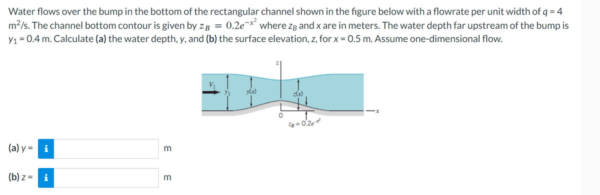 Water flows over the bump in the bottom of the rectangular channel shown in the figure below with a flowrate per unit width of q = 4
m²/s. The channel bottom contour is given by zB = 0.2e¯** where zg and x are in meters. The water depth far upstream of the bump is
y1 0.4 m. Calculate (a) the water depth, y, and (b) the surface elevation, z, for x = 0.5 m. Assume one-dimensional flow.
(a) y = i
(b) z=
i
m
3
V₁
31
y(x)
z(x)
-x
-0.2