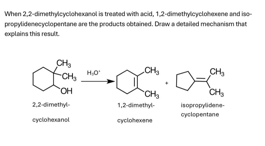 When 2,2-dimethylcyclohexanol is treated with acid, 1,2-dimethylcyclohexene and iso-
propylidenecyclopentane are the products obtained. Draw a detailed mechanism that
explains this result.
CH3
H3O+
CH3
CH3
CH3
OH
CH3
CH3
2,2-dimethyl-
cyclohexanol
1,2-dimethyl-
isopropylidene-
cyclopentane
cyclohexene