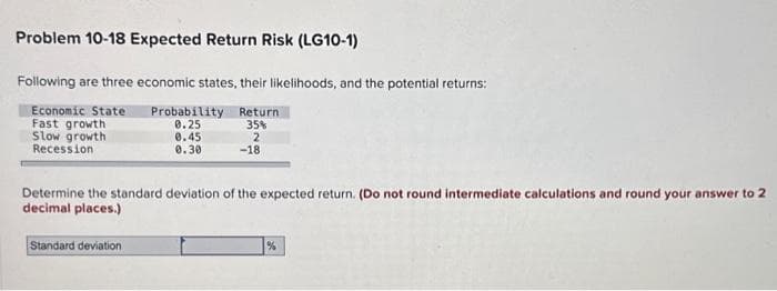 Problem 10-18 Expected Return Risk (LG10-1)
Following are three economic states, their likelihoods, and the potential returns:
Return
35%
Economic State
Fast growth
Slow growth
Recession
2
-18
Probability
0.25
0.45
0.30
Determine the standard deviation of the expected return. (Do not round intermediate calculations and round your answer to 2
decimal places.)
Standard deviation
%