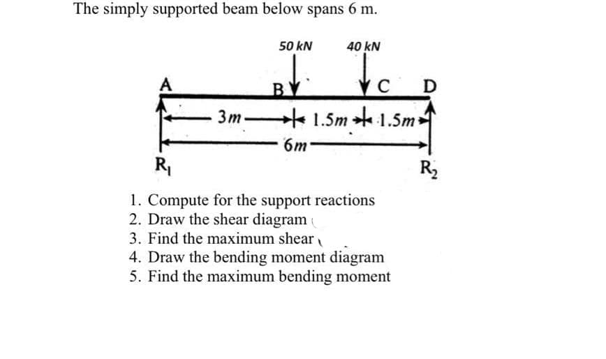 The simply supported beam below spans 6 m.
50 kN
40 kN
R₁
B
C
D
3m 1.5m 1.5m
6m
1. Compute for the support reactions
2. Draw the shear diagram
3. Find the maximum shear
4. Draw the bending moment diagram
5. Find the maximum bending moment
R₂