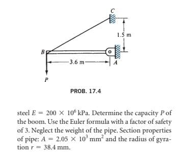 B
-3.6 m-
PROB. 17.4
0
1.5 m
A
steel E = 200 × 10 kPa. Determine the capacity P of
the boom. Use the Euler formula with a factor of safety
of 3. Neglect the weight of the pipe. Section properties
of pipe: A = 2.05 x 10³ mm² and the radius of gyra-
tion r 38.4 mm.