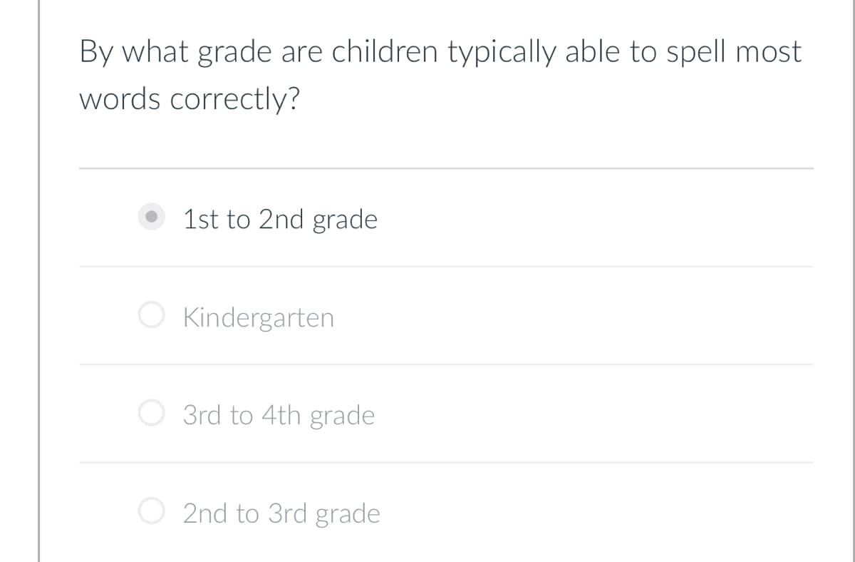 By what grade are children typically able to spell most
words correctly?
1st to 2nd grade
○ Kindergarten
3rd to 4th grade
2nd to 3rd grade