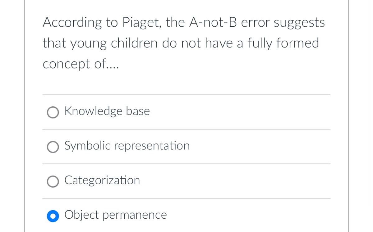 According to Piaget, the A-not-B error suggests
that young children do not have a fully formed
concept of....
O Knowledge base
O Symbolic representation
Categorization
O Object permanence
